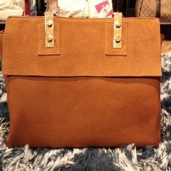 Two-toned Tan Leather & Suede Handbag/Purse with Golden Hardware - Picture 1 of 15